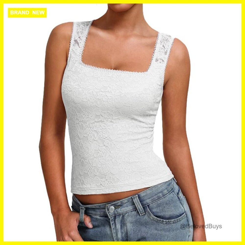 Lace Tank Top Square Neck Double Lined Sleeveless Slim Fit Summer